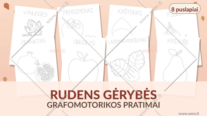 Grafomotorikos pratimai „Rudens gėrybės“ – 8 lavinamieji PDF lapai vaikams