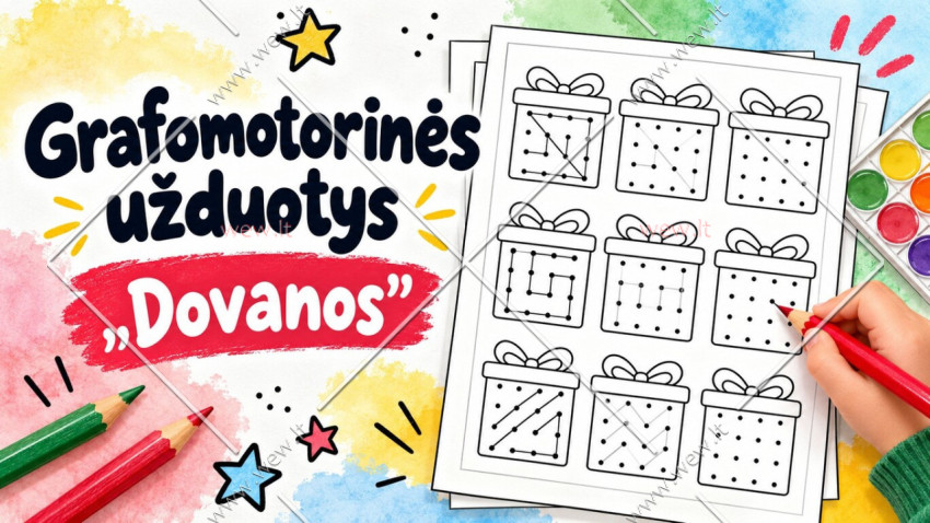 Grafomotorikos pratimai vaikams „Dovanos“ – nemokamos užduotys (PDF)