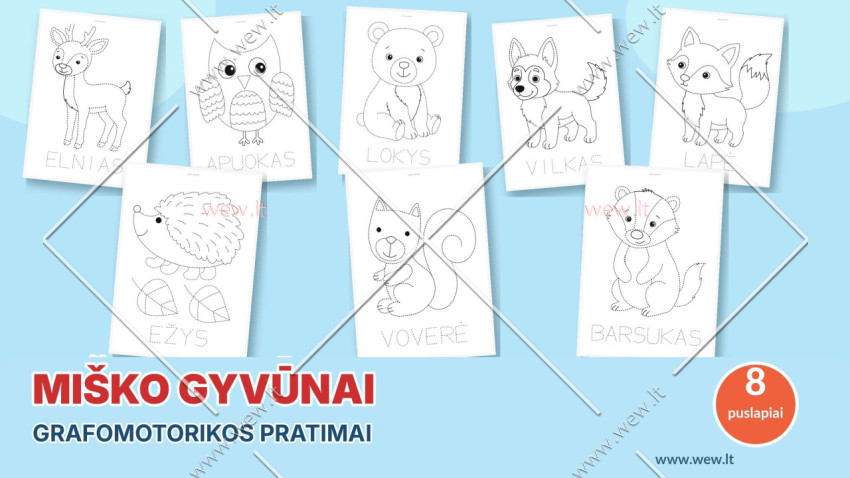 Grafomotorikos pratimai „Miško gyvūnai“ – 8 užduočių lapai vaikams (PDF)
