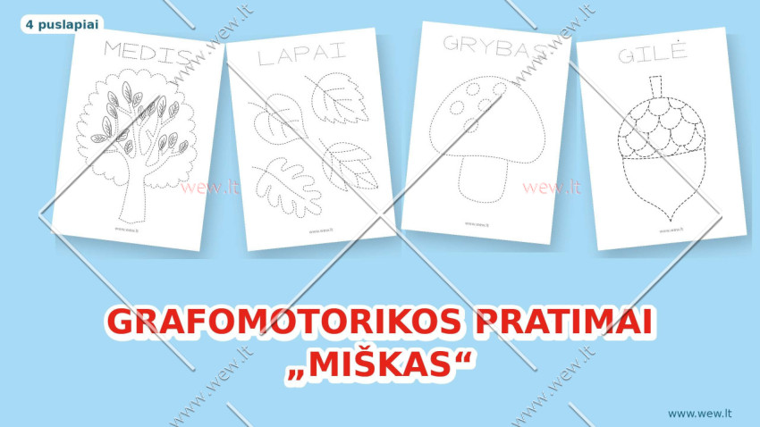 Grafomotorikos pratimai „Miškas“ – 4 lavinamieji užduočių lapai vaikams (PDF)