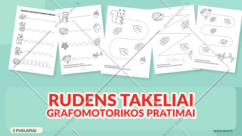 Grafomotorikos pratimai „Rudens takeliai“ – 5 užduočių lapai vaikams (PDF)