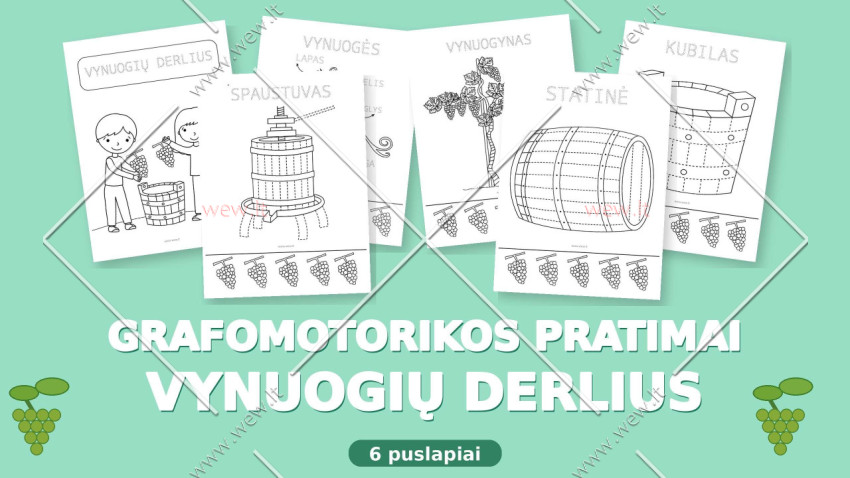 Grafomotorikos pratimai „Vynuogių derlius“ – 6 užduočių lapai vaikams (PDF)