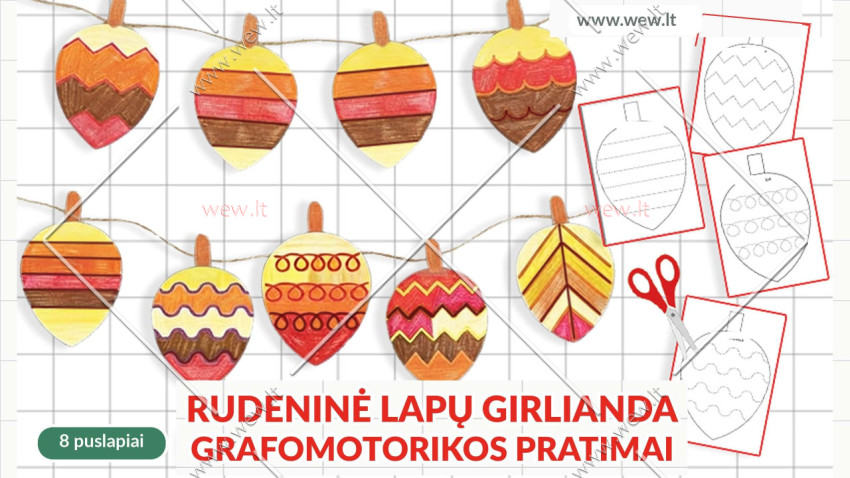 Grafomotorikos pratimai „Rudeninė lapų girlianda“ – 8 užduočių lapai vaikams (PDF)