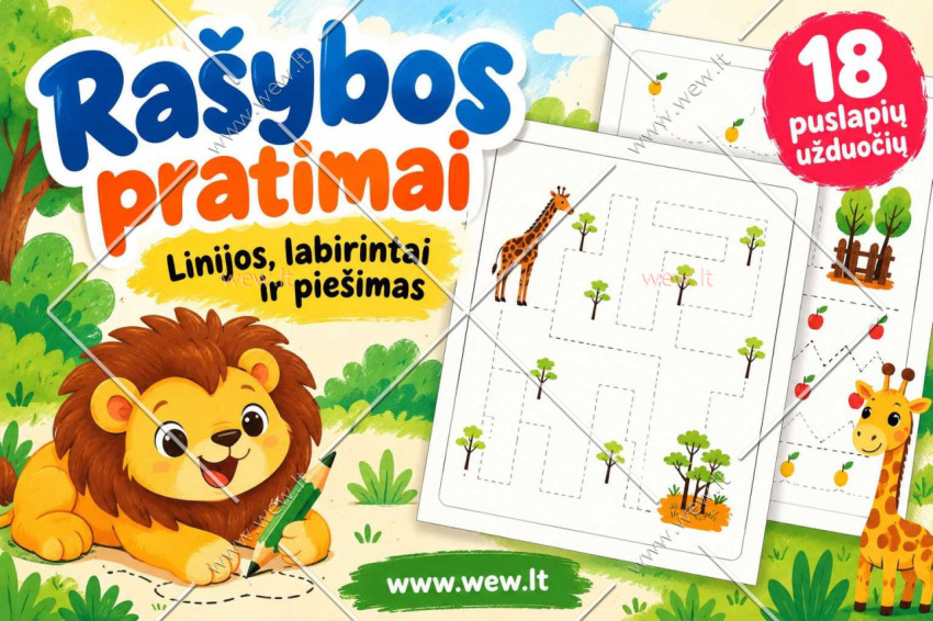 Linijų vedžiojimo užduotys su gyvūnais – 18 grafomotorikos pratimų vaikams (PDF)