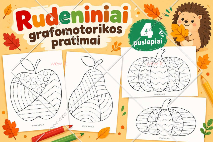 Rudeniniai grafomotorikos pratimai vaikams – obuolys, kriaušė ir moliūgai (4 PDF lapai)