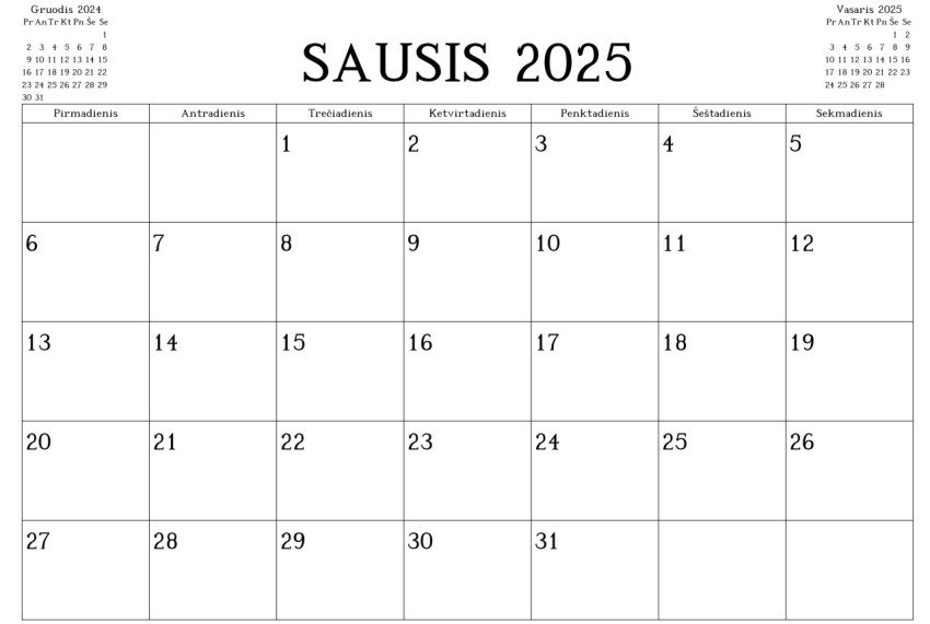 Kalendorius - 2025 Sausis