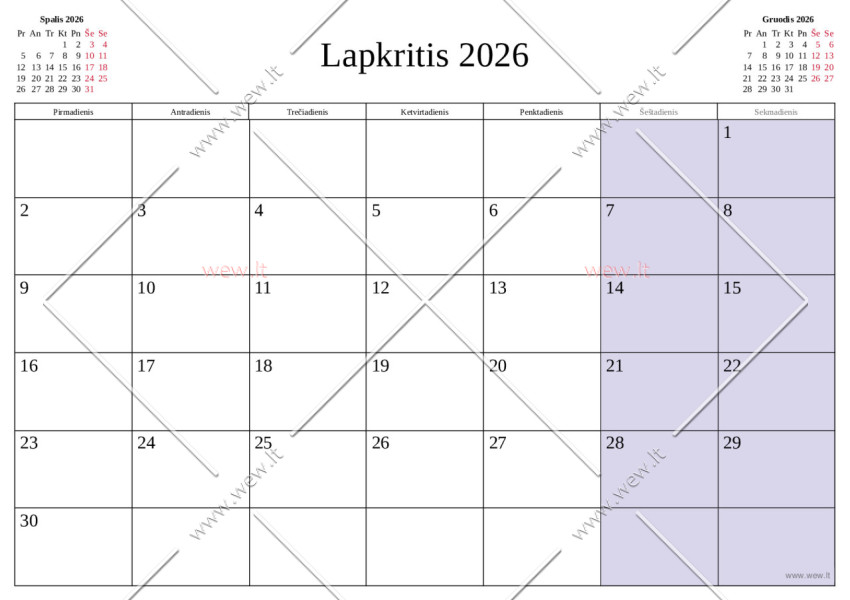Lapkritis 2026 - kalendorius