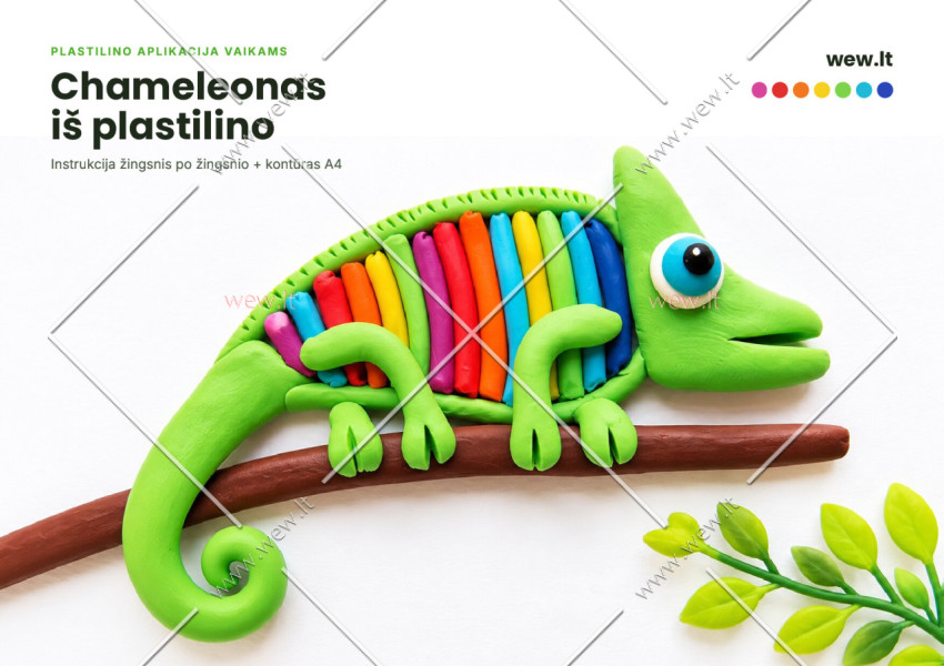 Chameleonas iš plastilino – aplikacija vaikams su kontūru (PDF)