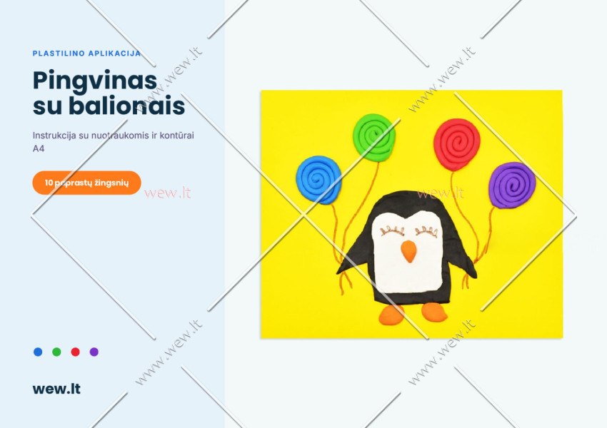 Pingvinas su balionais – plastilino aplikacija vaikams (PDF su kontūrais)