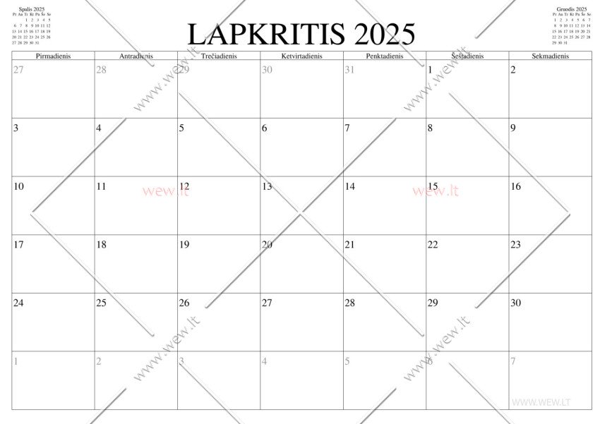 Horizontalus kalendorius - 2025 lapkritis