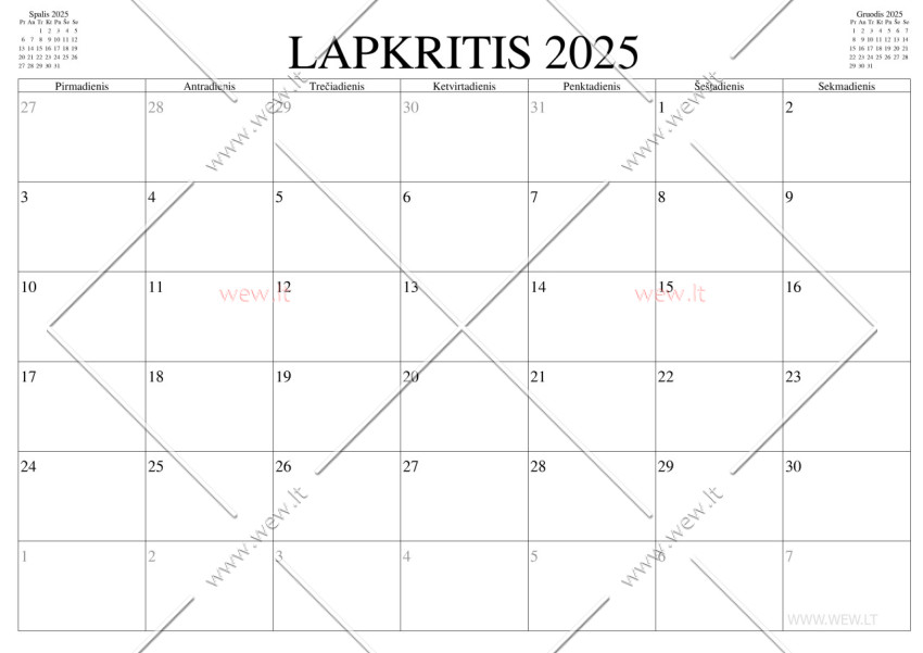 Horizontalus kalendorius - 2025 lapkritis