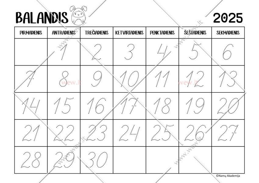 Balandis - 2025 Kalendorius - rašome skaičius, mokomės suprasti laiko tėkmę