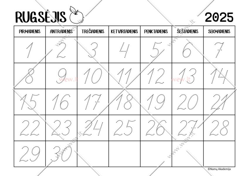 Rugsėjis - 2025 Kalendorius - rašome skaičius, mokomės suprasti laiko tėkmę