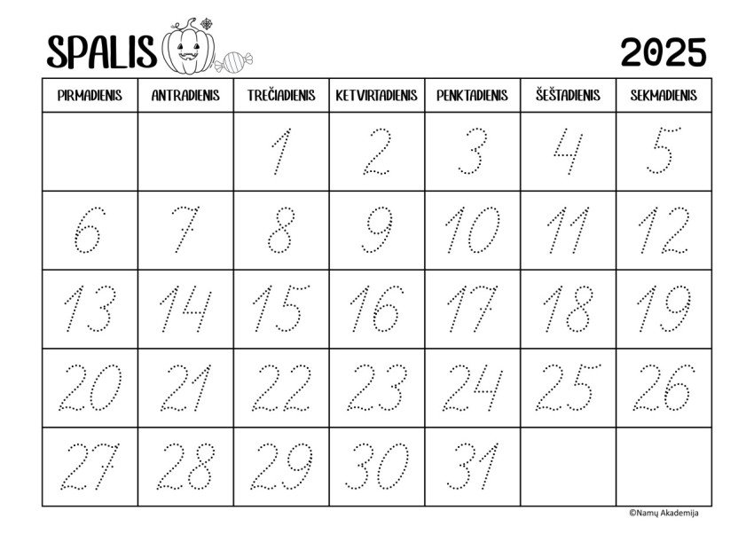 Spalis - 2025 Kalendorius - rašome skaičius, mokomės suprasti laiko tėkmę