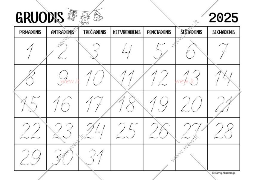 Gruodis - 2025 Kalendorius - rašome skaičius, mokomės suprasti laiko tėkmę