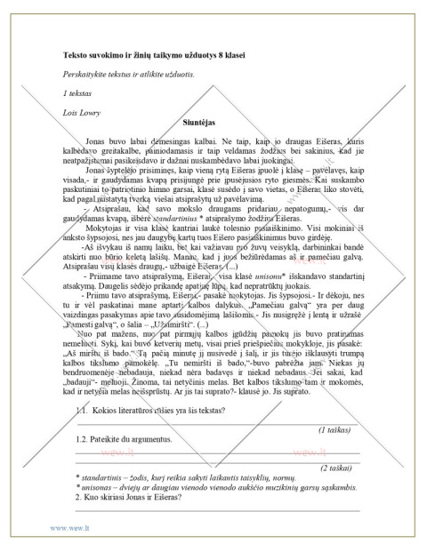 Teksto suvokimo ir žinių taikymo užduotys 8 klasei