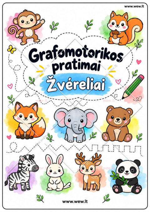 Grafomotorikos pratimai „Žvėreliai“ – 9 užduočių lapai vaikams (PDF)