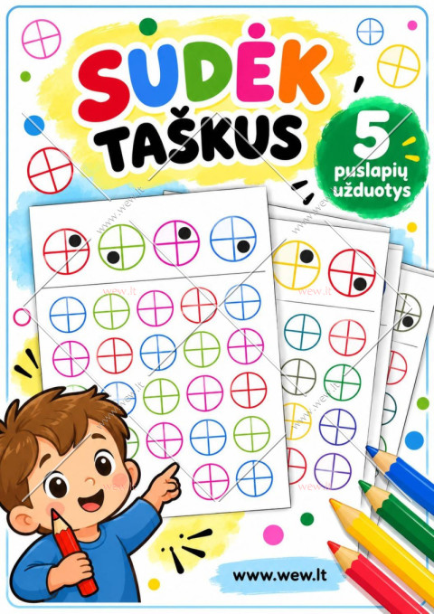 Sudėk taškus pagal pavyzdį – 5 dėmesio ir pastabumo užduočių lapai vaikams (PDF)