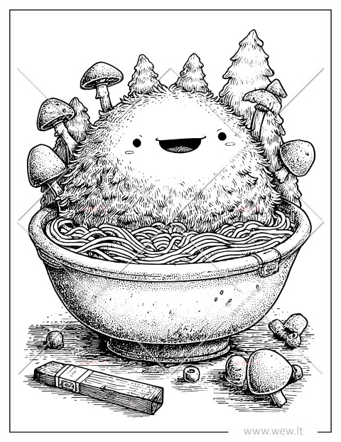 Mielas Kawaii monstras milžiniškame ramen makaronų dubenyje