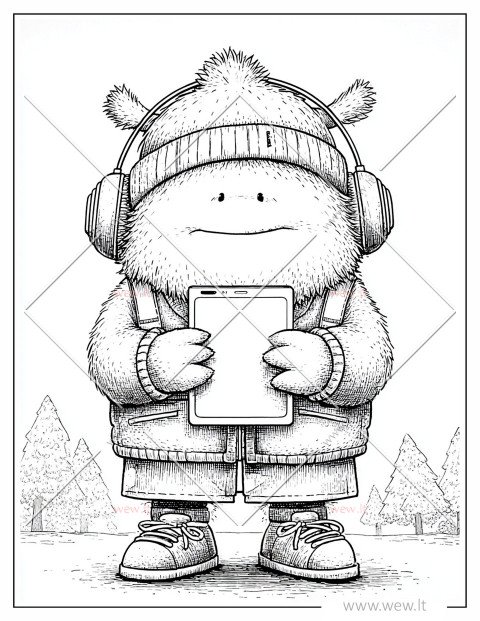 Mielas kawaii monstras, vilkintis didelius drabužius