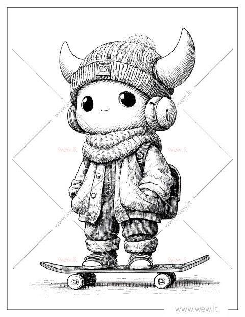 Mielas Kawaii monstras, lekiantis riedlente