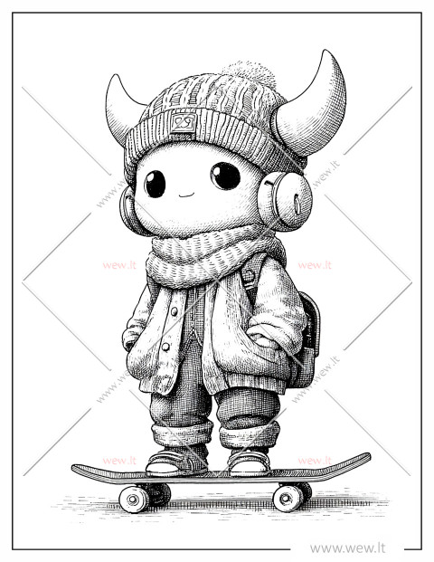 Mielas Kawaii monstras, lekiantis riedlente