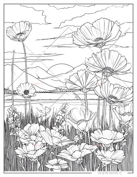 Žydinčių aguonų pieva spalvinti