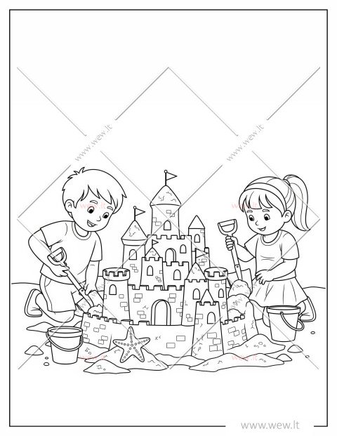 Vaikai paplūdimyje stato smėlio pilį