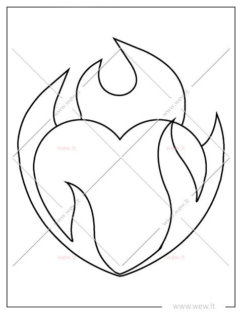 Širdelė ugnies liepsnose spalvinimui – nemokamas šablonas Valentino dienai