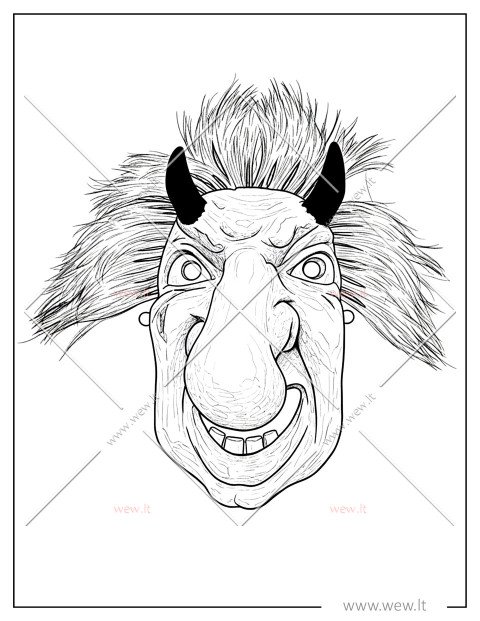 Raganos kaukė su plaukais Užgavėnėms – šablonas