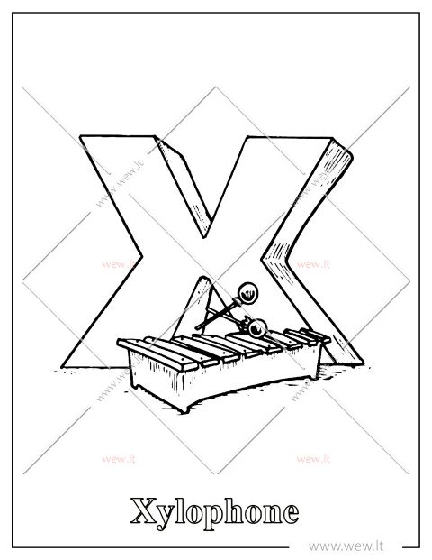 Raidė X – Xylophone | Abėcėlės spalvinimo lapas vaikams
