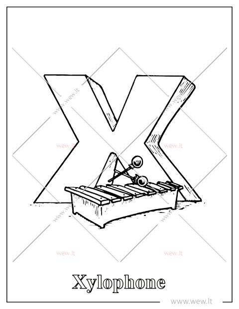 Raidė X – Xylophone | Abėcėlės spalvinimo lapas vaikams