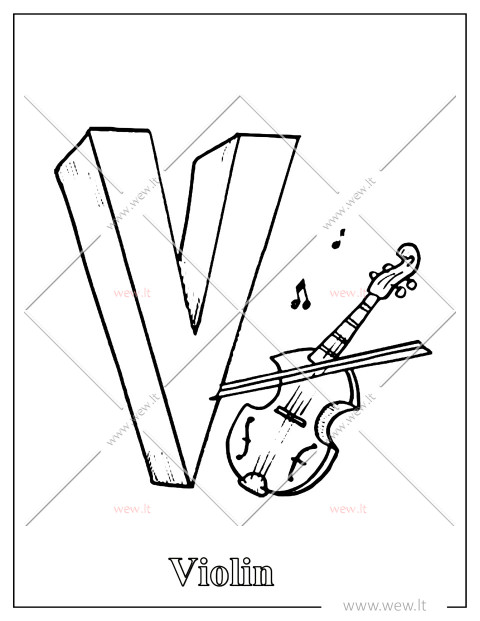 V raidės spalvinimo lapas – Violin (Smuikas)