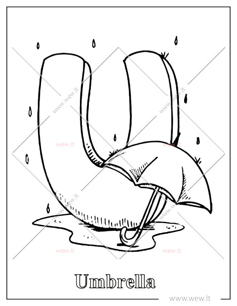 U raidės spalvinimo lapas – Umbrella (Skėtis)