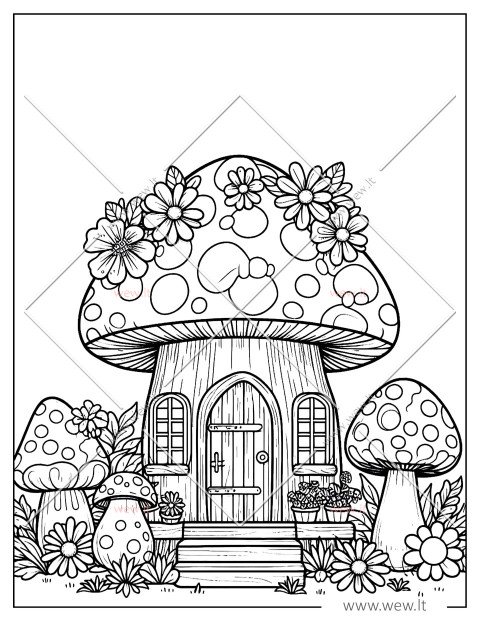 Grybas namelis ir gėlės: spalvinimo paveiksliukas vaikams