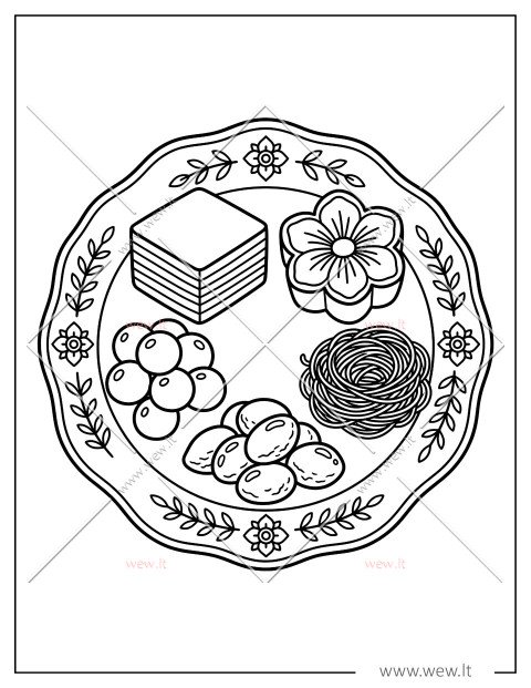 Lėkštė su skanumynais: spalvinimo paveiksliukas vaikams