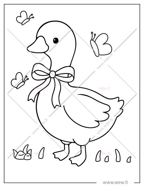 Miela žąsis su kaspinėliu: spalvinimo paveiksliukas vaikams