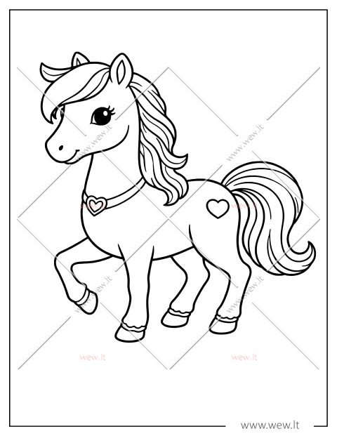 Gražus arkliukas su širdelėmis: spalvinimo paveiksliukas vaikams