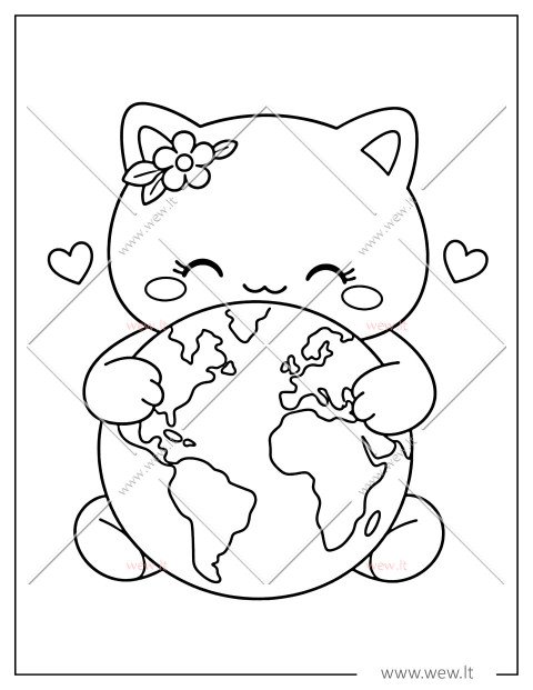 Miela katytė apkabina Žemę: spalvinimo paveiksliukas Žemės dienai