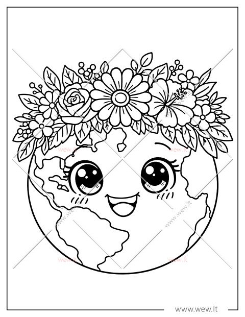 Žemė su gėlių vainiku: spalvinimo paveiksliukas Žemės dienai