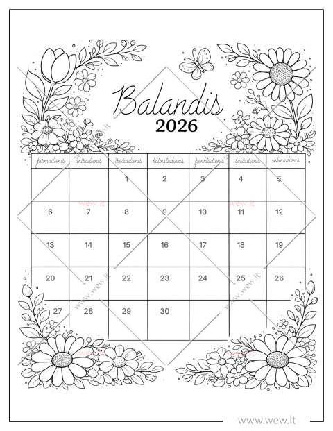 Balandis 2026 - Kalendorius spalvinti