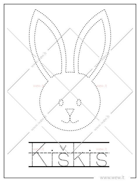 Velykų kiškis: apvedžiojimo užduotis vaikams (Piešk ir rašyk žodį „Kiškis“)