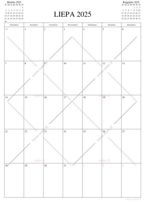 2025 Liepa - vertikalus kalendorius