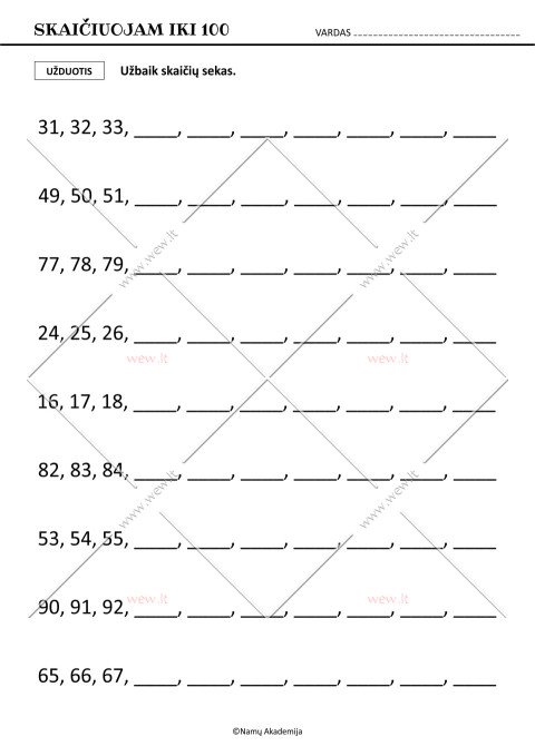 Skaičių seka. Skaičiuojam iki 100.
