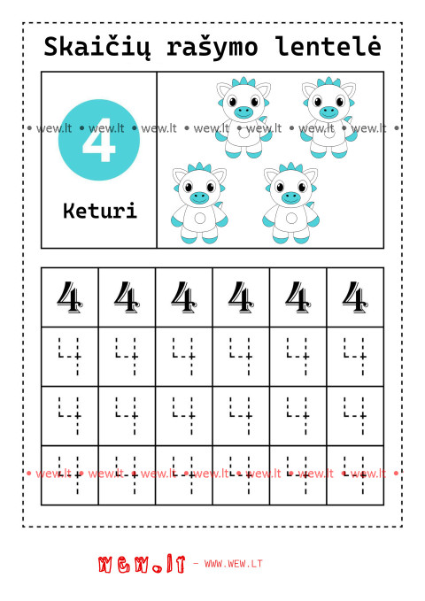 Rašymo užduotys "Skaičiai" - keturi