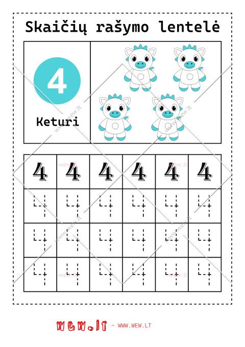 Rašymo užduotys "Skaičiai" - keturi
