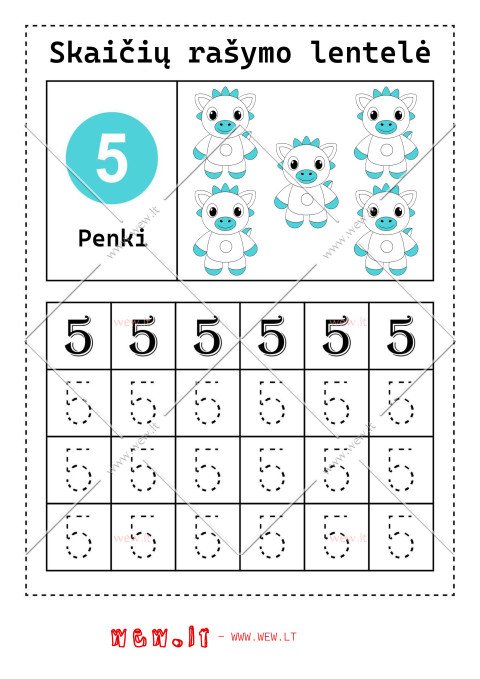 Rašymo užduotys "Skaičiai" - penki