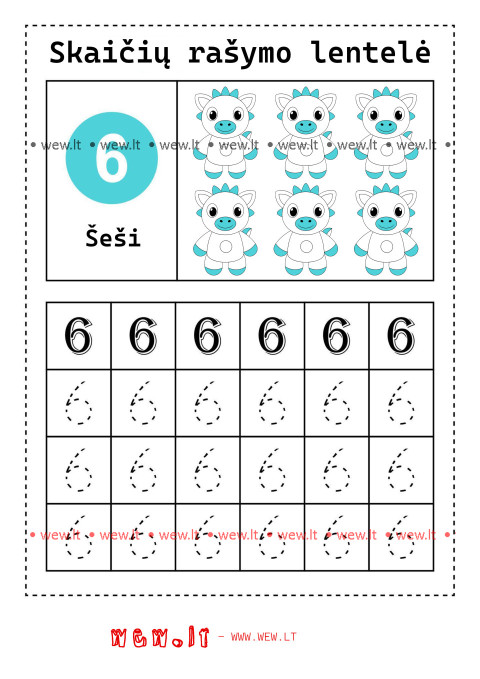 Rašymo užduotys "Skaičiai" - šeši