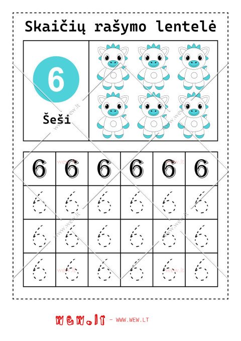 Rašymo užduotys "Skaičiai" - šeši