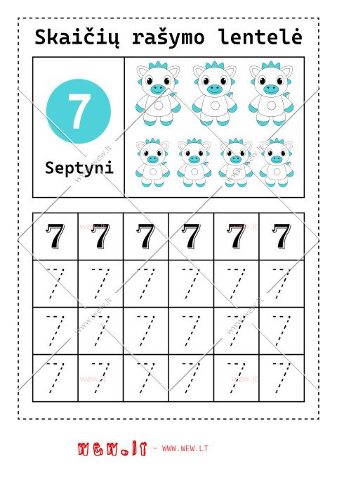 Rašymo užduotys "Skaičiai" - septyni